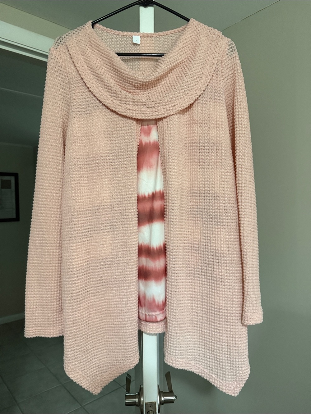 Women’s Soft Peach Open-Front Waffle Cardigan with Draped Collar